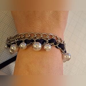 Aeropostale Silver Chain Bracelet with Black Ribbon and Pearl Charms